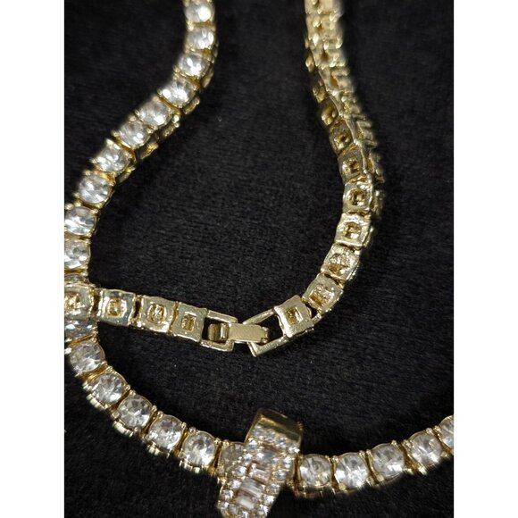 Gold Tone Rhinestone Baguette Tennis Necklace Initial Letter B Pendant BLING - Picture 12 of 14